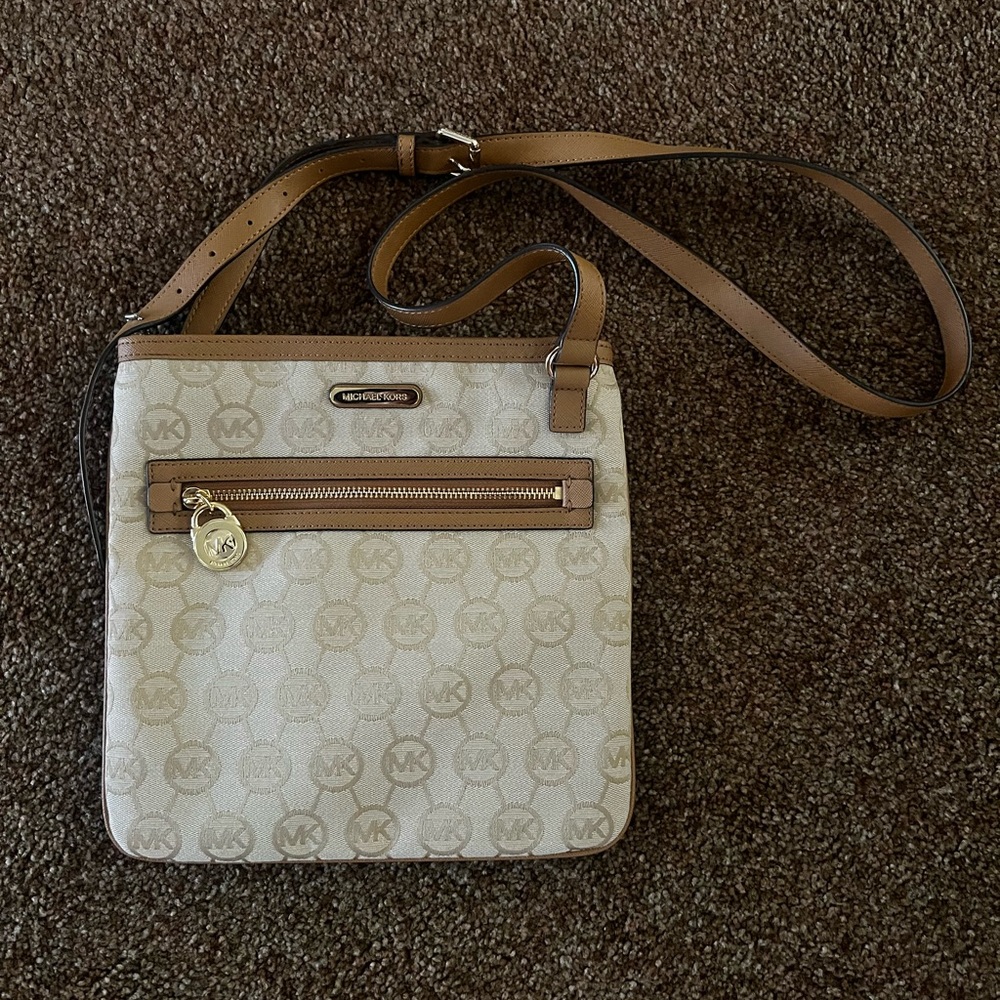 Michael Kors Beige and Tan Signature Crossbody Bag